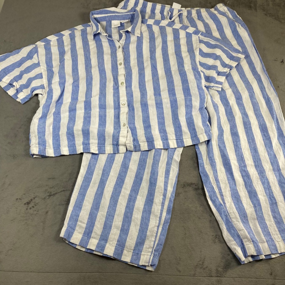 C&C California Women XL 100% Linen Blue White Striped Shirt Pants Set